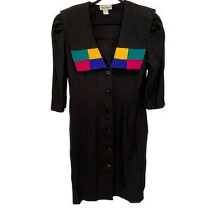 Ultra Dress Button Front Midi Dress Black Womens Colorblock Collar 3/4‎ Sleeve
